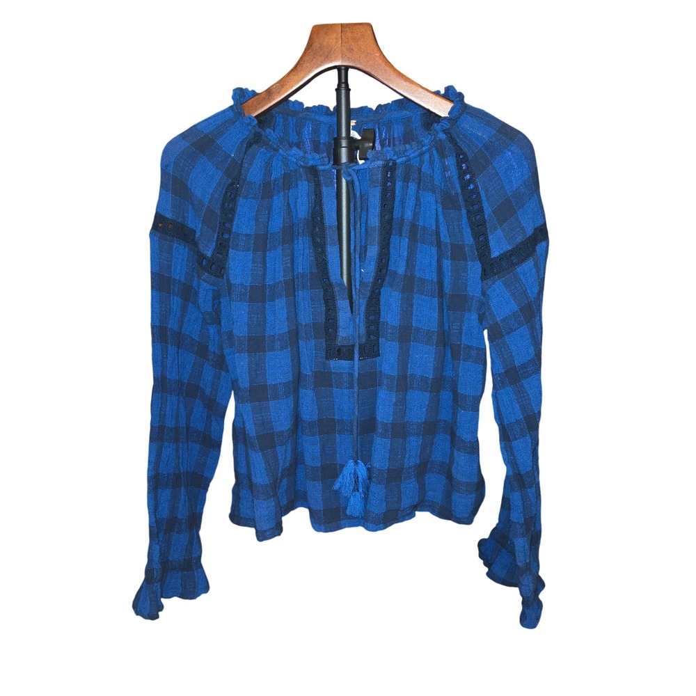 Free People Honey Grove Blouse Womens M Blue Plaid Tassel Boho Eyelet Top - Picture 2 of 10